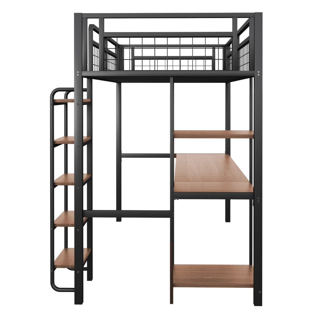 Letto a soppalco in metallo 90x200 cm nero con scrivania; ripiani e scala con gradini