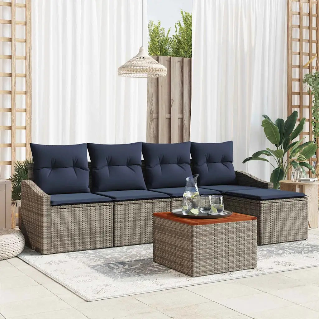 Set Divano da Giardino 6 pcs Grigio e Blu Navy polyrattan 3356491