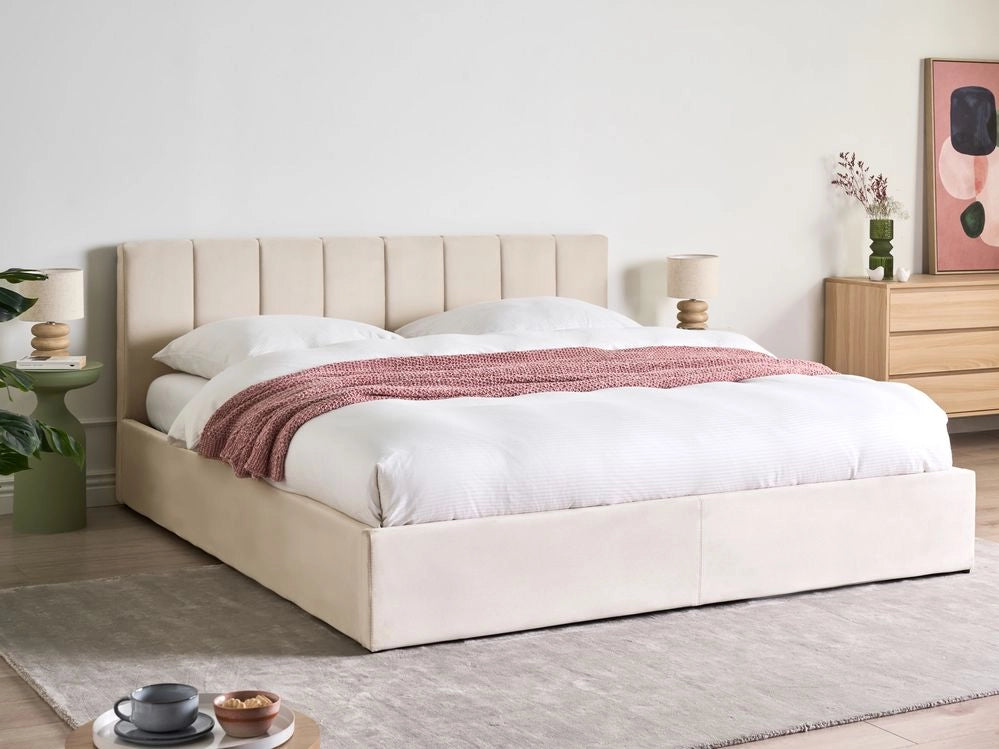 Letto contenitore Rivestimento in velluto beige 180 x 200 cm con testiera a doghe
