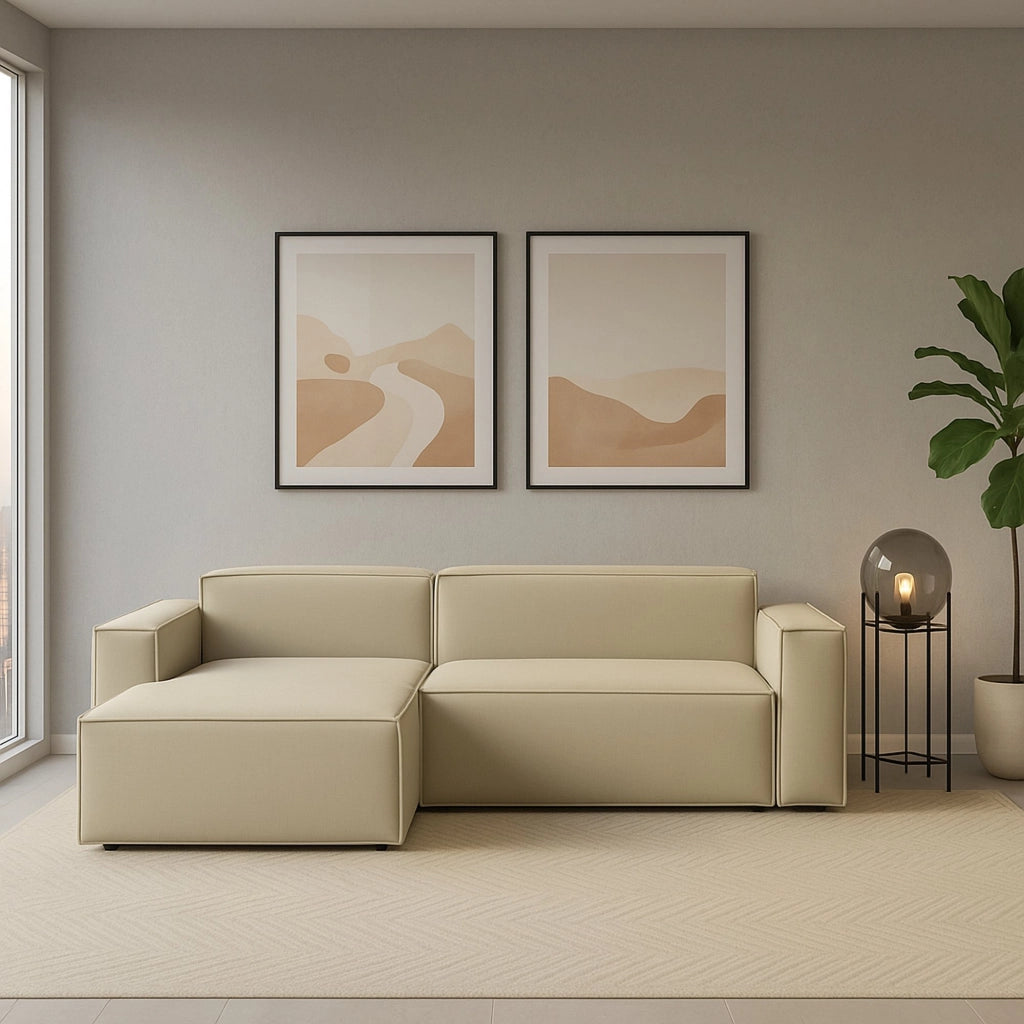 Divano fisso Assurte, Divano componibile a 2 posti large con penisola sinistra, Made in Italy, SofÒ  moderno in tessuto, Cm 240x170h70, Beige