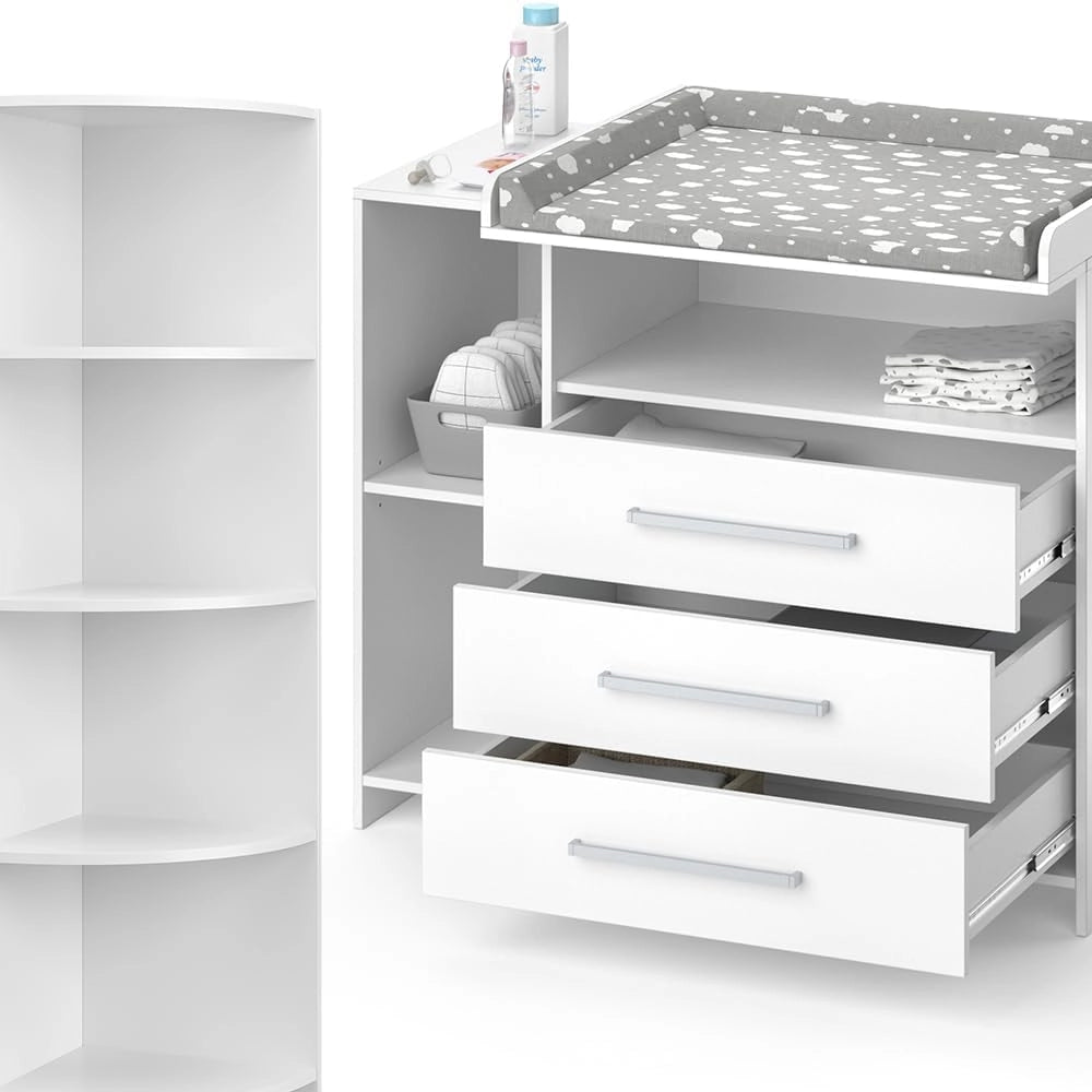 Set per cameretta Oskar, Bianco, 2 parti, con fasciatoio e ripiano per giocattoli, convertibile in una normale cassettiera dopo la rimozione del fasciatoio