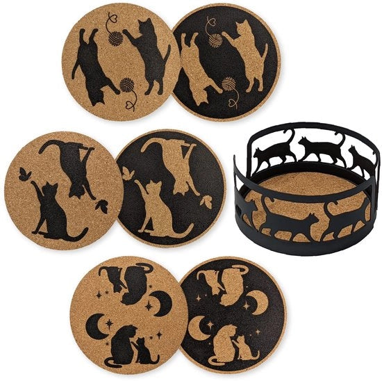 Set di vaporizzazione Mango con 6 piedini di sottopiede con contenitore decorativo a forma di gatto, nero