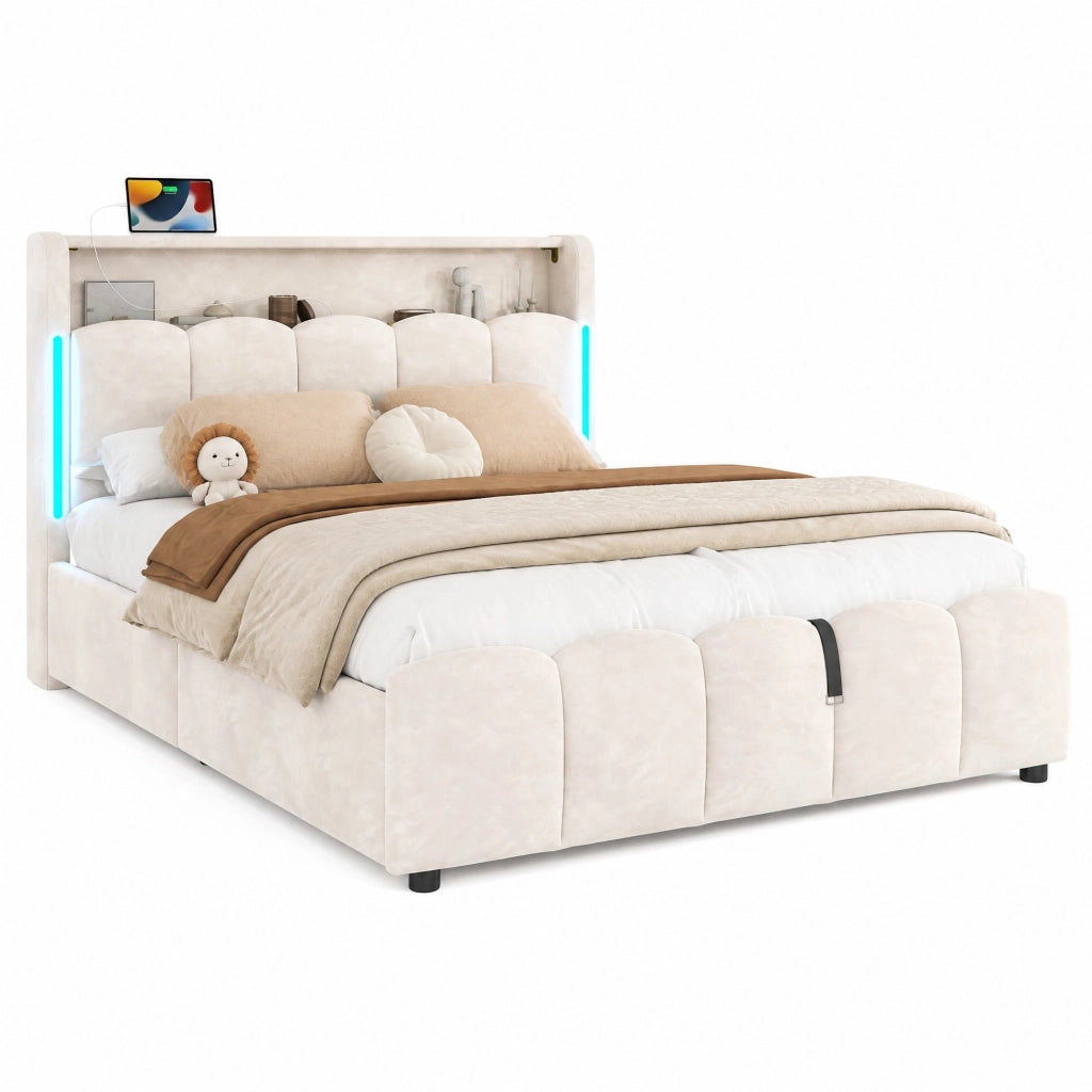 Letto imbottito 140x200 cm con contenitore; LED; USB e Type-C; velluto beige
