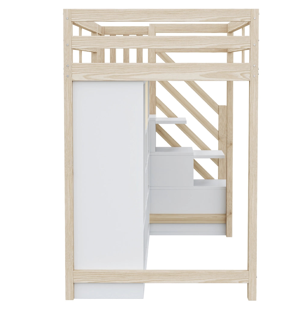 Letto a soppalco 90 x 200 cm con scaffali; armadio; scala contenitore e LED; legno naturale e bianco