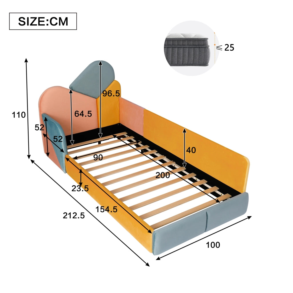 Letto con Sponda 90x200 cm; Letto Singolo - Imbottito; Sponde Alte - Blu Multicolore
