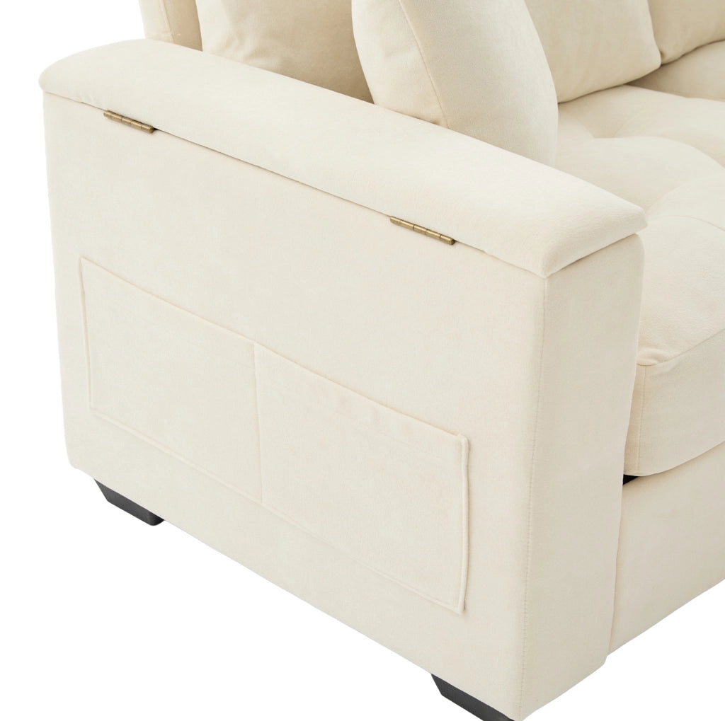 Divano Moderno 2 Posti Beige in Chenille con Contenitore nelle Braccioli e 2 Cuscini Morbidi