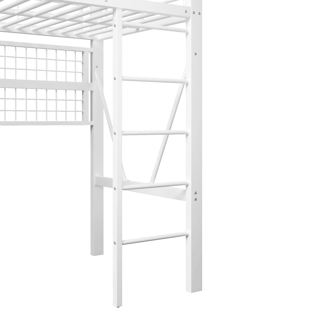 Letto a soppalco singolo 90×200 cm con LED; ripiano e rete appendiabiti; senza materasso; metallo; bianco