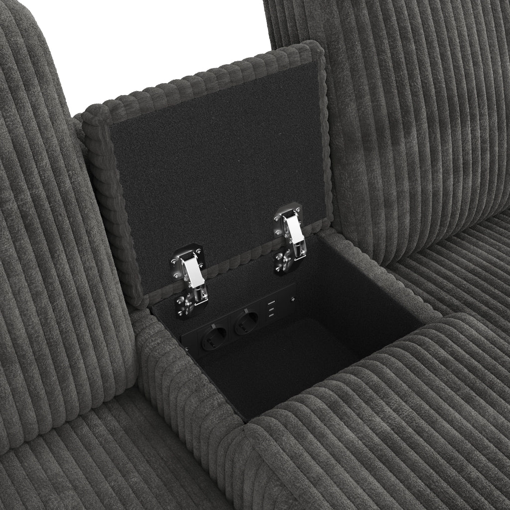 Divano panoramico a U con 2 pouf contenitore, tavolino, 1 USB, 2 Type-C e 2 prese, in velluto a coste Grigio, 315 × 135 × 81 cm