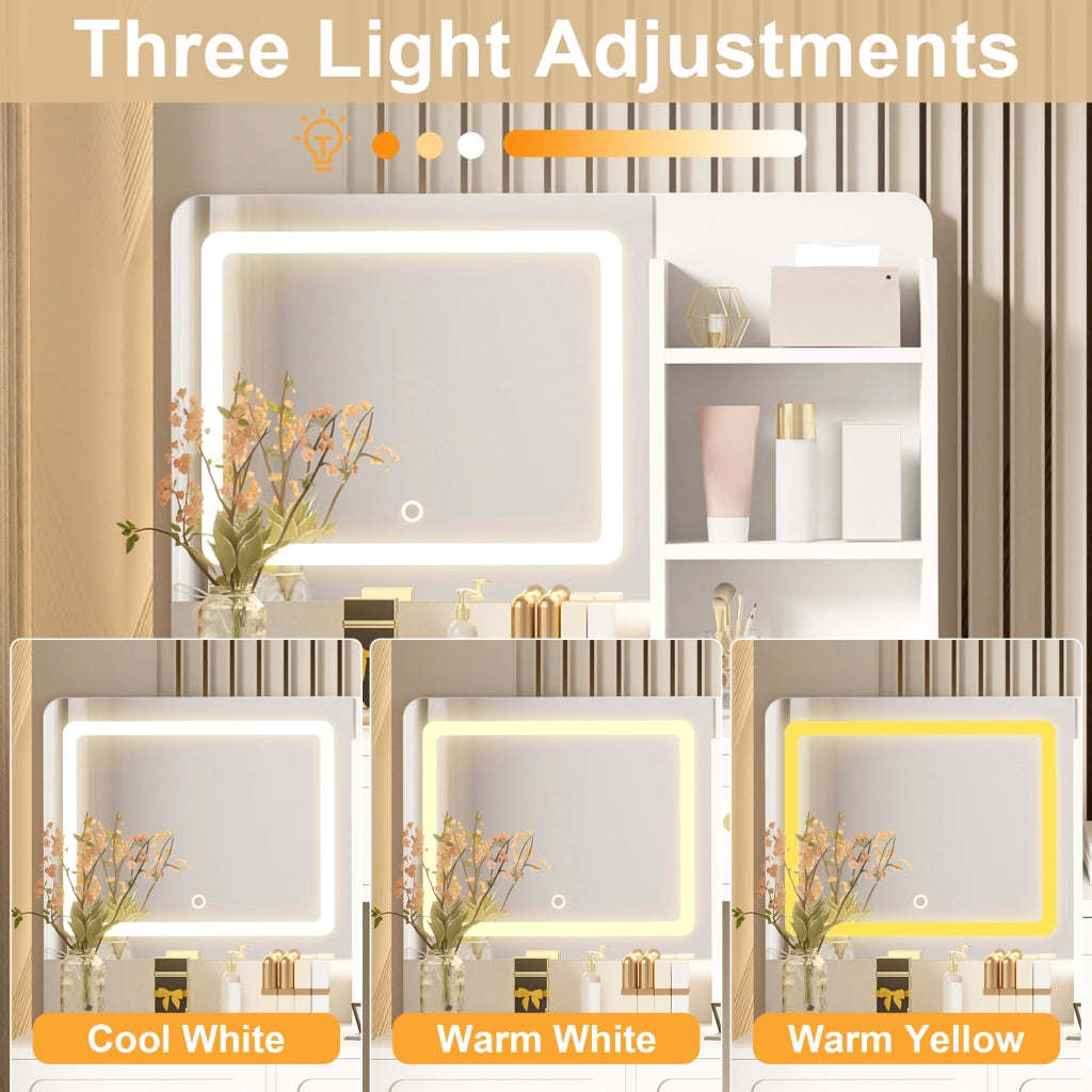 Tavolo da toeletta con specchio LED regolabile; 5 cassetti; 1 anta e 3 mensole; Bianco; 80×39;8×127cm