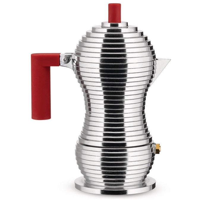 Alessi Pulcina caffettiera moka espresso 3 tazze, adatta a induzione, alluminio, manico rosso, MDL02-3RFM