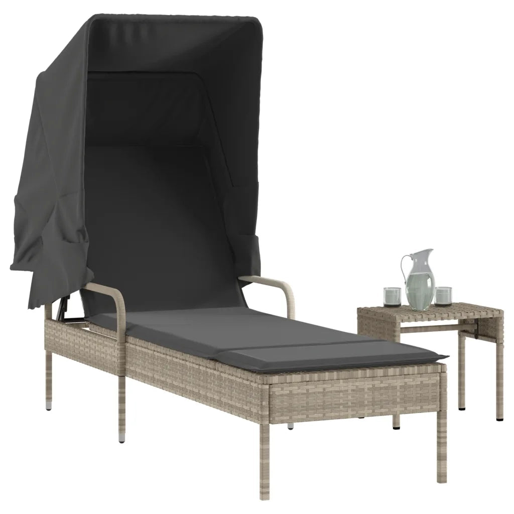 Sdraio da giardino | Lettino con Baldacchino e Tavolino Grigio Chiaro in Polyrattan