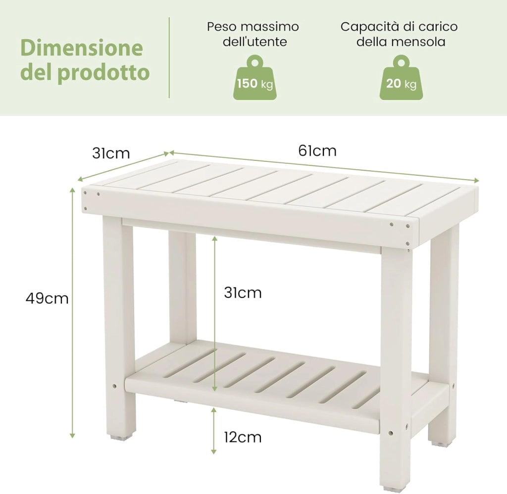 Sgabello da Doccia a 2 Livelli, Panca da Bagno Impermeabile con Piedini Antiscivoli, Design a Stecche, Sgabello Versatile con Carico 150 kg, 61 x 31 x 49 cm (Bianco)