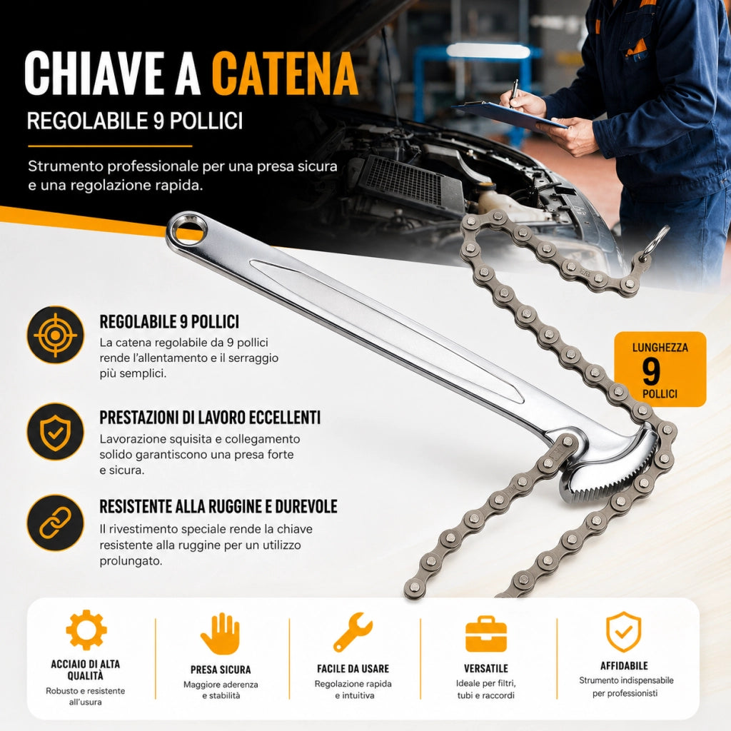 Chiave a Catena Regolabile 22 Cm In Acciaio per Tubi Filtri Olio Raccordi 722009