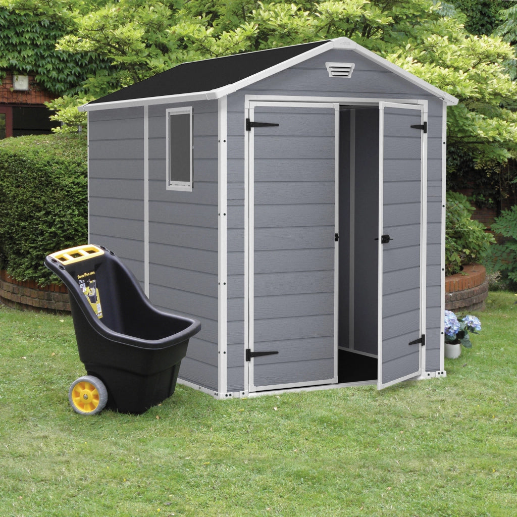 Manor 6x8 - Casetta da Giardino 185,80x227x236,80 cm 2 Ante per deposito attrezzi finitura effetto legno graffiato in Resina Grigio