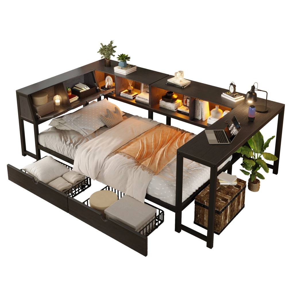 Letto singolo multifunzione 90x200 cm con scrivania; LED e cassetti; nero
