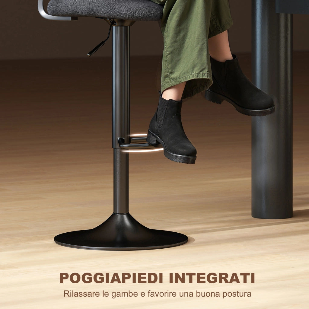 Set 2 Sgabelli da Bar 40,5x43x84-105 cm in Tessuto Effetto Lino e Metallo con Poggiapiedi Nero