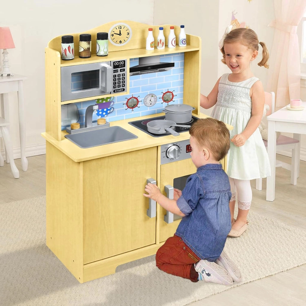 Cucina giocattolo per bambini in legno con piano cottura, forno a microonde, rubinetto, lavandino e accessori da cucina, giocattolo per bambini a partire dai 3 anni, 56 x 28,5 x 92 cm