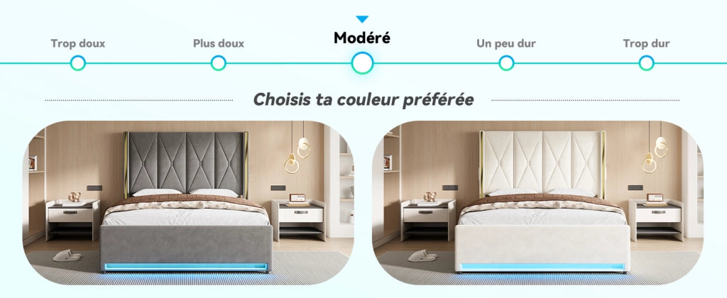 DESMIU Letto contenitore 160 × 200 cm 2 posti con USB e Type-C, LED regolabile, senza materasso, in velluto, beige
