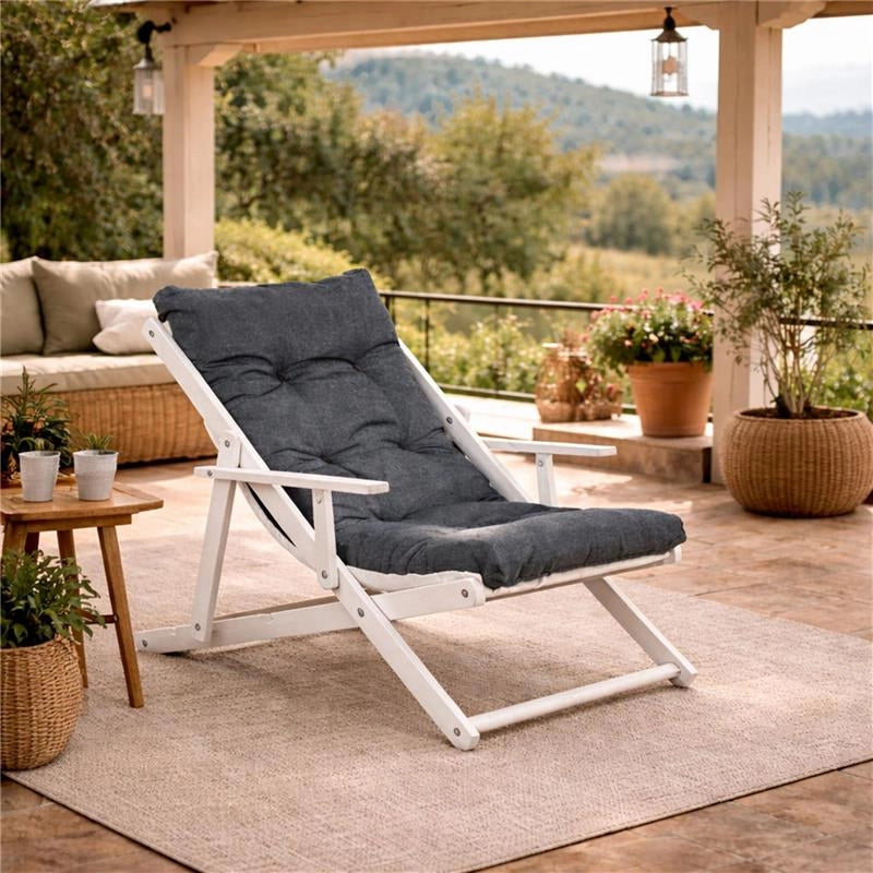 POLTRONA RELAX COMODONA IN LEGNO TELAIO BIANCO ANILINA E TESSUTO BLU JEANS 3 POSIZIONI