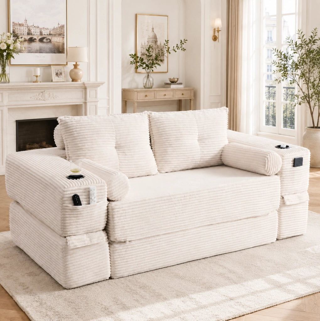 Divano letto modulare in velluto a coste beige con portaoggetti