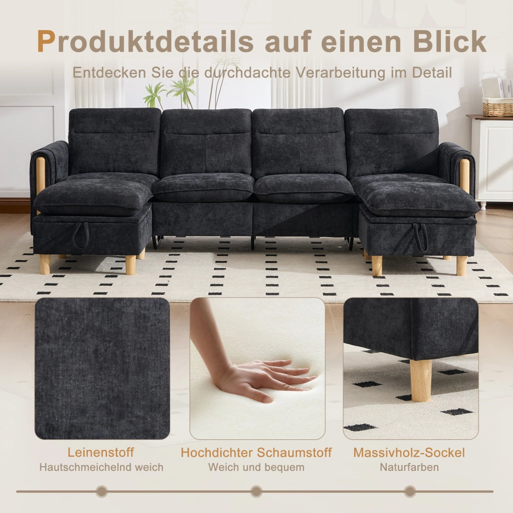 Divano modulare a U con 2 pouf contenitore 4 posti in chenille con gambe in legno nero 261 × 77 × 86 cm
