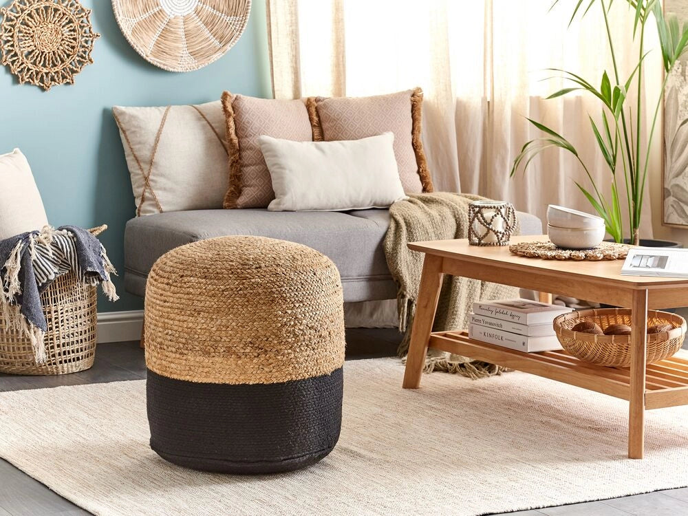 Pouf ottomana iuta nera perline EPS riempimento rotondo ø 46 cm stile boho