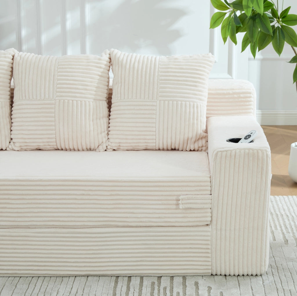 Divano modulare ULEVR 172x87x64 cm a 2 posti, con portabevande e tasche laterali, velluto a coste beige