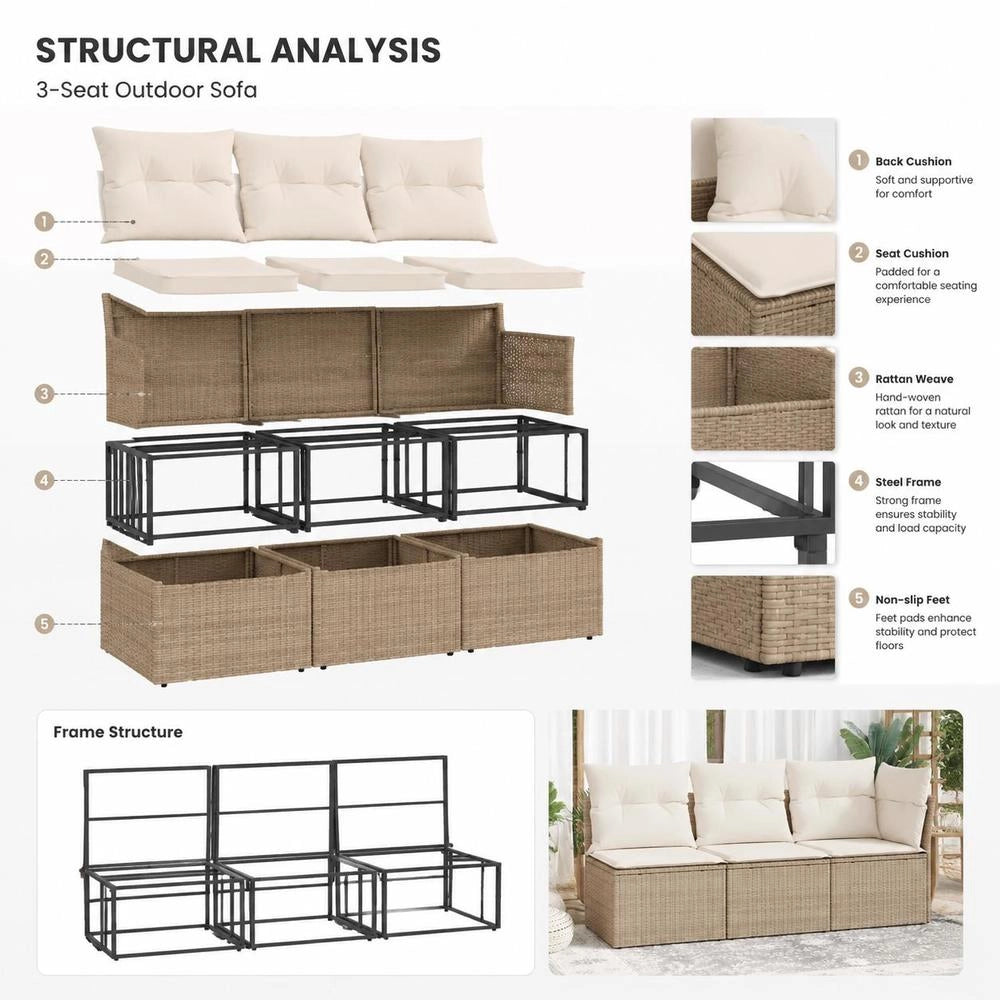 Garden Sofa With Cushions 3-seater Beige Poly Rattan