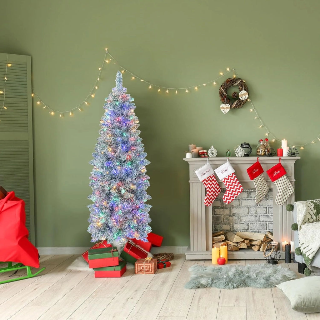 Albero di Natale Slim 150/180 cm, Albero con 190/250 Luci LED Colorate, Base in Metallo Pieghevole, Per Casa e Ufficio (180 cm)