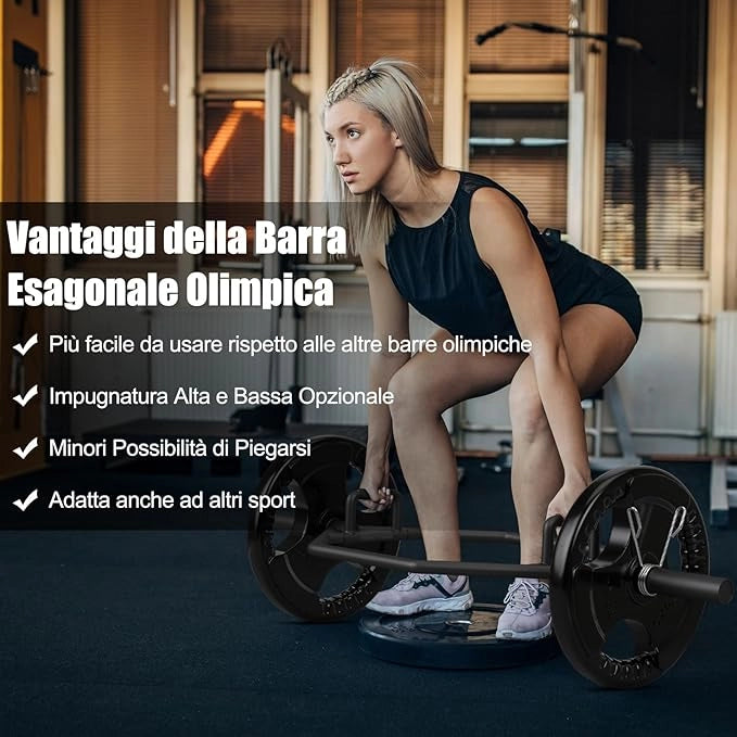 Barra della Trappola Olimpica, Barra Esagonale Pieghevole con Manici Zigrinati, Manicotti 25 cm e Molle, Olympic Hex Trap Bar per Sollevamento Pesi e Bodybuilding, Carico 363 kg(Nero)