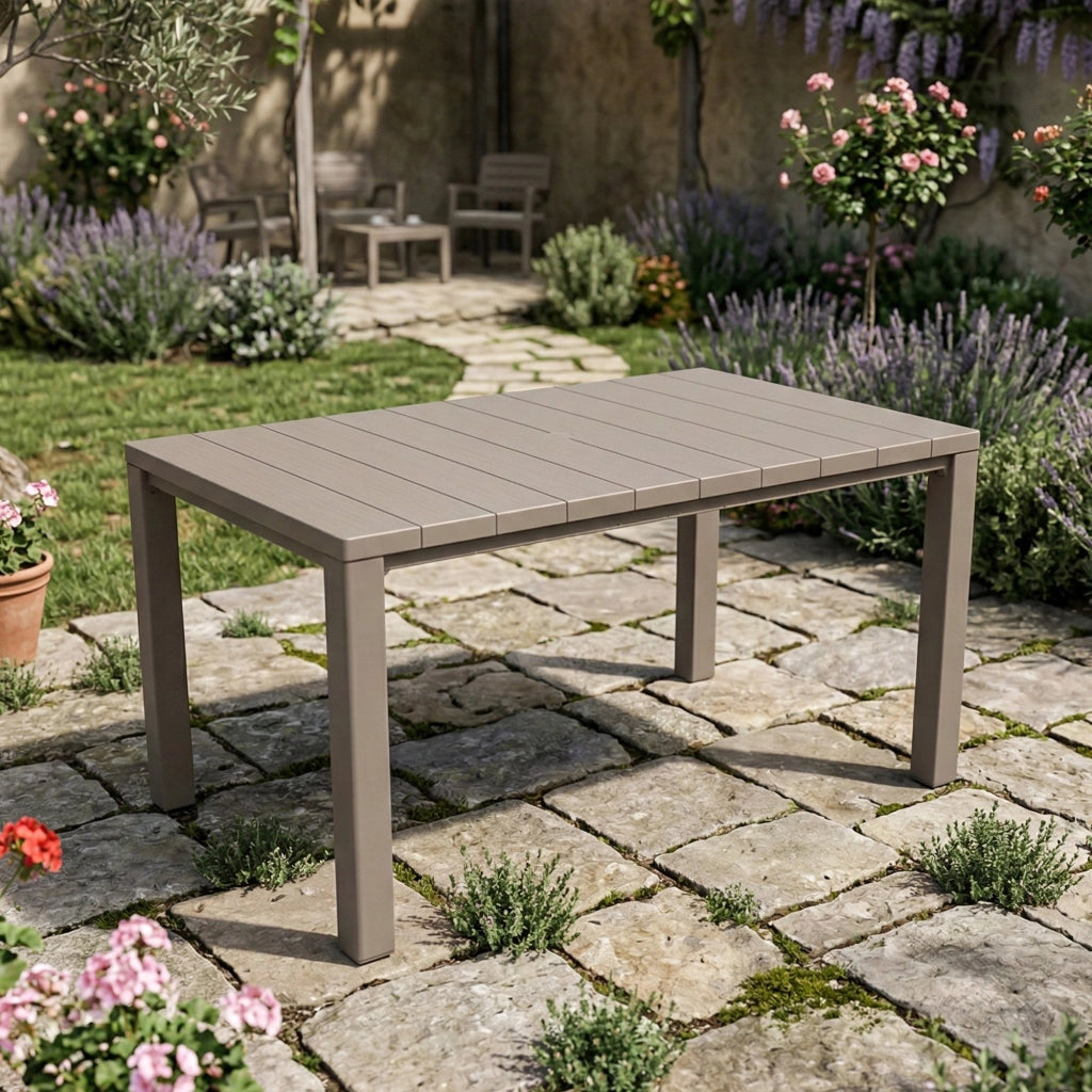 Tavolo da esterno Listowel, Base per picnic, Piano da pranzo da giardino, Banco outdoor multiuso, 147x90 h75 cm, Tortora