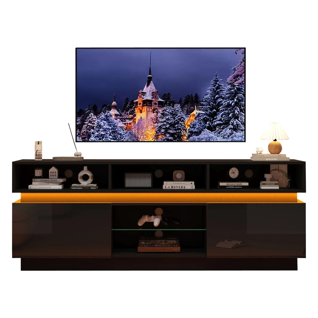 Mobile TV LED con Ripiani in Vetro ¨C MINIMAL ¨C Nero, 160x35x60 cm