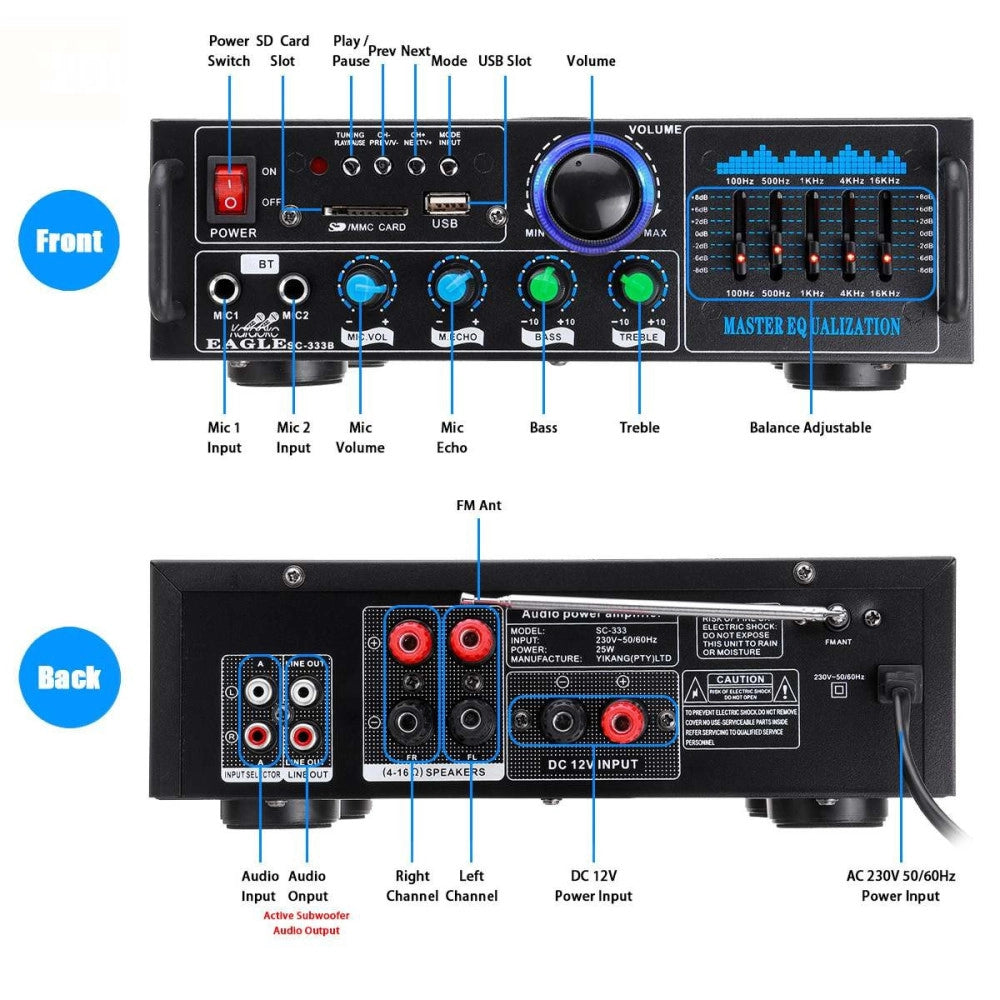Trade Shop - Amplificatore Audio 2x70w Funzione Karaoke Fm/bluetoothmp3/usb/bluetooth Q-gf289 -