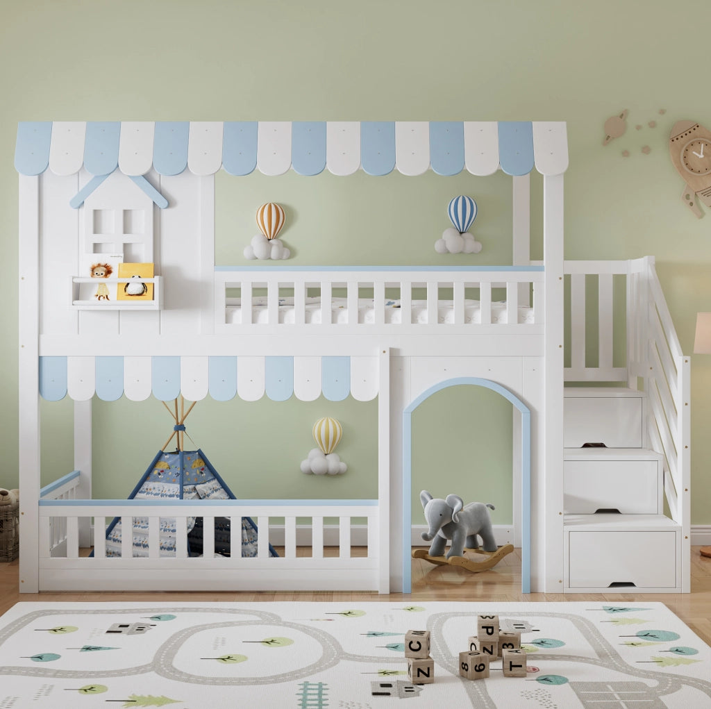 Letto a castello per bambini 90x200 cm con scala contenitore e sponde di sicurezza; bianco e blu