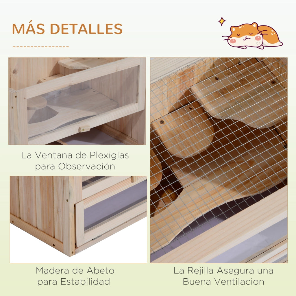 Gabbia per Criceti 2 Livelli con Piattaforme e Scala ¨C Minimal ¨C 60x35x42 cm Legno Naturale