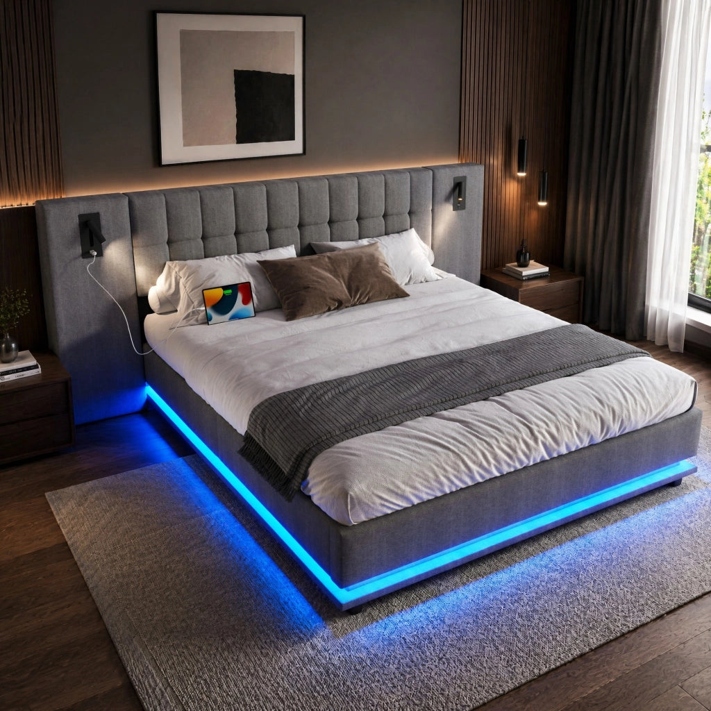 Letto imbottito 180x200 cm grigio con LED, USB e spot