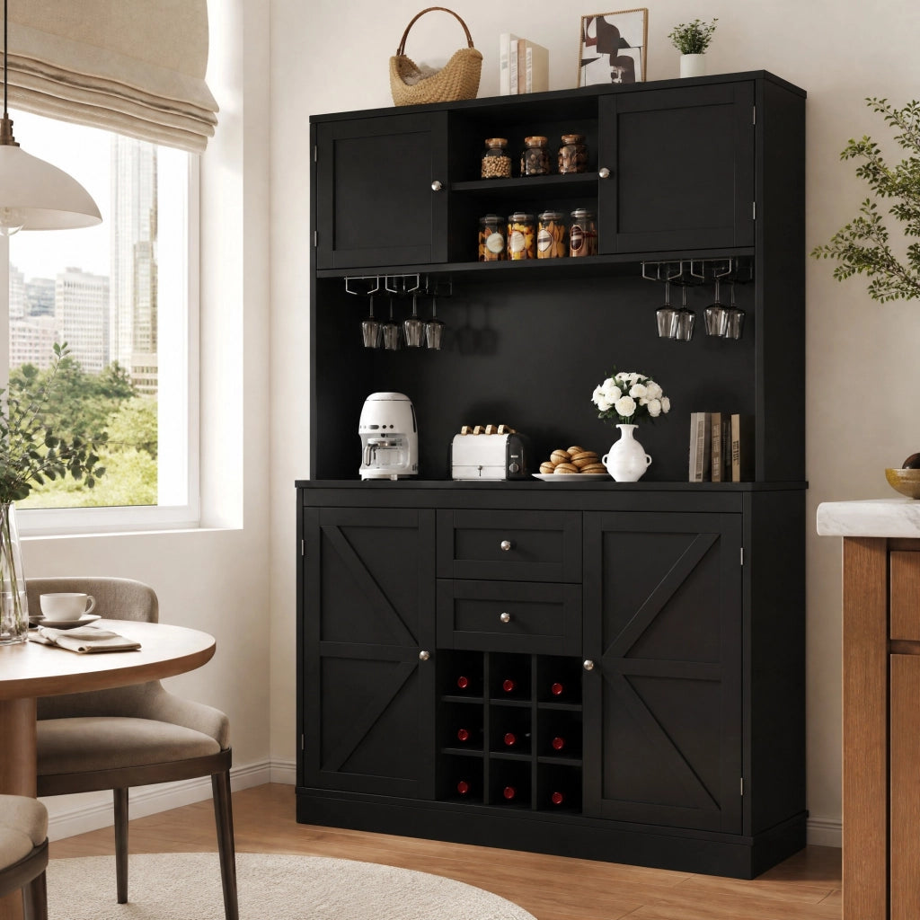 ARMADIO DISPENSA Cucina 120x40x188 cm MDF Nero con 4 ante e 2 cassetti