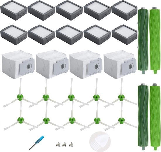 Accessori di sostituzione per serie iRobot Roomba I, I+, J, J+, 4 sacchetti di polvere, 10 filtri, 10 setole laterali, 2 setole in gomma.