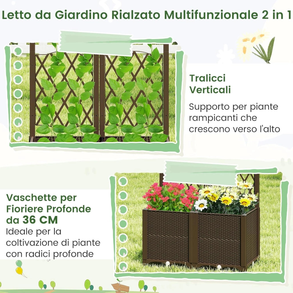 Letto da Giardino Elevato con Trellis a Lattice, Fioriera Autoinnaffiata per Piante Rampicanti, Fiori e Verdure, Fioriera Verticale da Interni e Esterni (Marrone,80 x 40 x 140 cm)