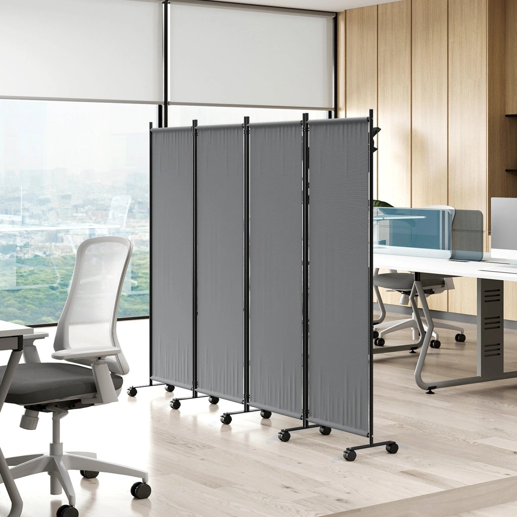 Paravento da Esterno e Interno a 4 Pannelli Pieghevole 221x50x172 cm con Ruote in Metallo e Poliestere Grigio Scuro