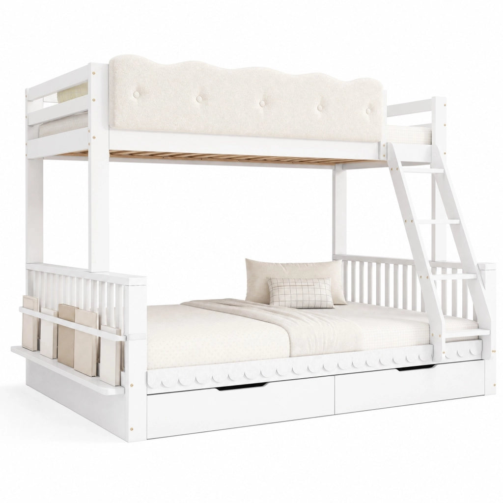 Letto a castello familiare 90x200/140x200 cm in legno, bianco, con cassetti e portagiornali