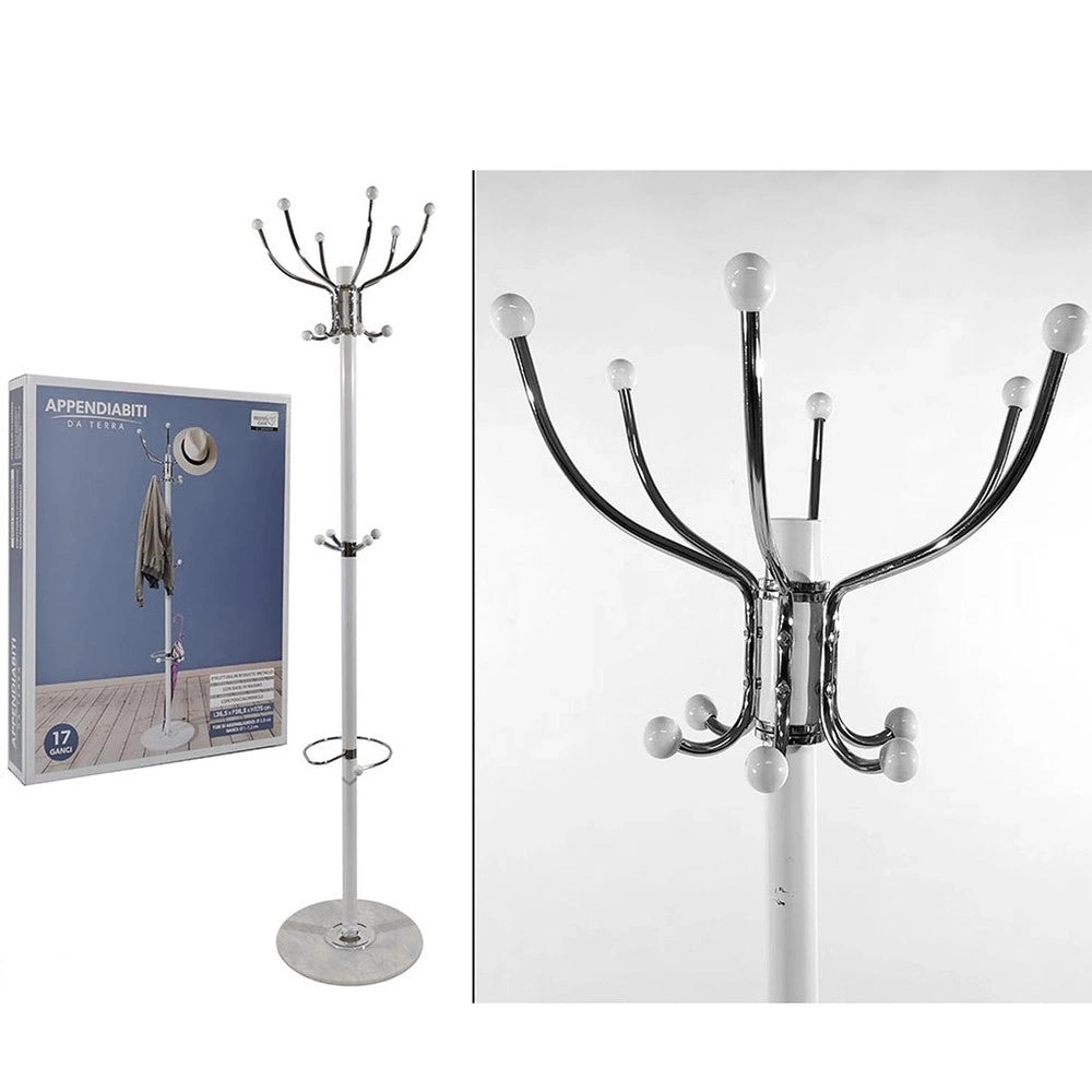 Trade Shop - Attaccapanni Appendiabiti Da Terra Con 17 Ganci In Metallo Cromo Bianco Base In Marmo 175cm -