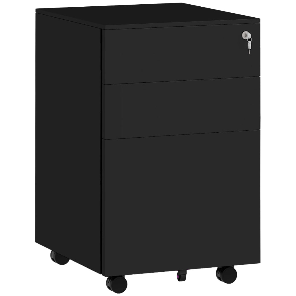 Cassettiera ufficio mobile con 3 cassetti, chiudibile a chiave, in acciaio nero, 37 x 43,5 x 60 cm