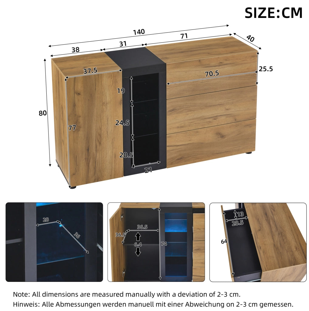 Credenza con LED APP; 3 cassetti; 1 anta e ripiani in vetro 140x40x80 cm; nero/marrone