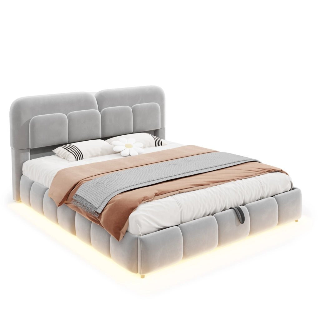 Letto matrimoniale imbottito 140x200 cm in velluto grigio con contenitore idraulico e LED