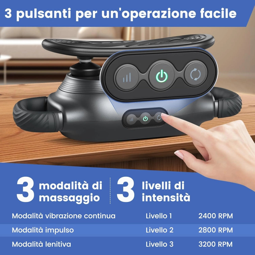 Pistola Massaggiante Muscolare, Massaggiatore Elettrico Multifunzione con 3 Teste di Massaggio Intercambiabili, 3 Modalità, 3 Intensità e Timer da 15 Minuti, Massaggiatore Portatile