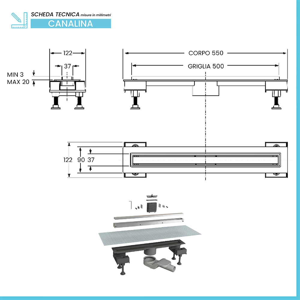 Canalina doccia 50 cm in alluminio reversibile scarico centrale, sifone e piletta inclusi