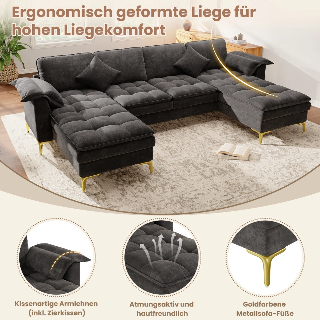 DIVANO angolare a U 4-5 posti 262x134x86 cm Chenille Grigio con 2 cuscini