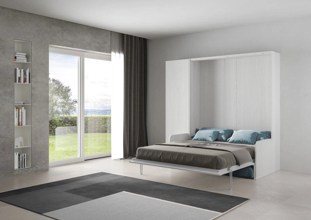 Letto matrimoniale a scomparsa 160 Kentaro con divano e colonna bianco frassino, azzurro