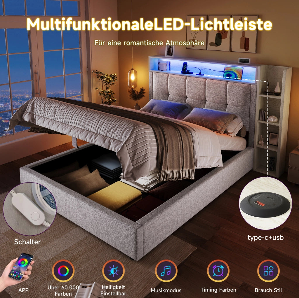 Letto singolo imbottito 90x200 cm beige con LED e USB-C